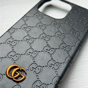 GG Black Leather IPhone 14 Pro Max Case with Gold Logo